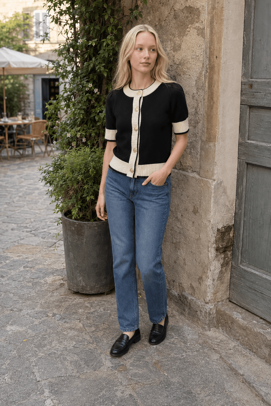 Black White Contrast Slim Cardigan