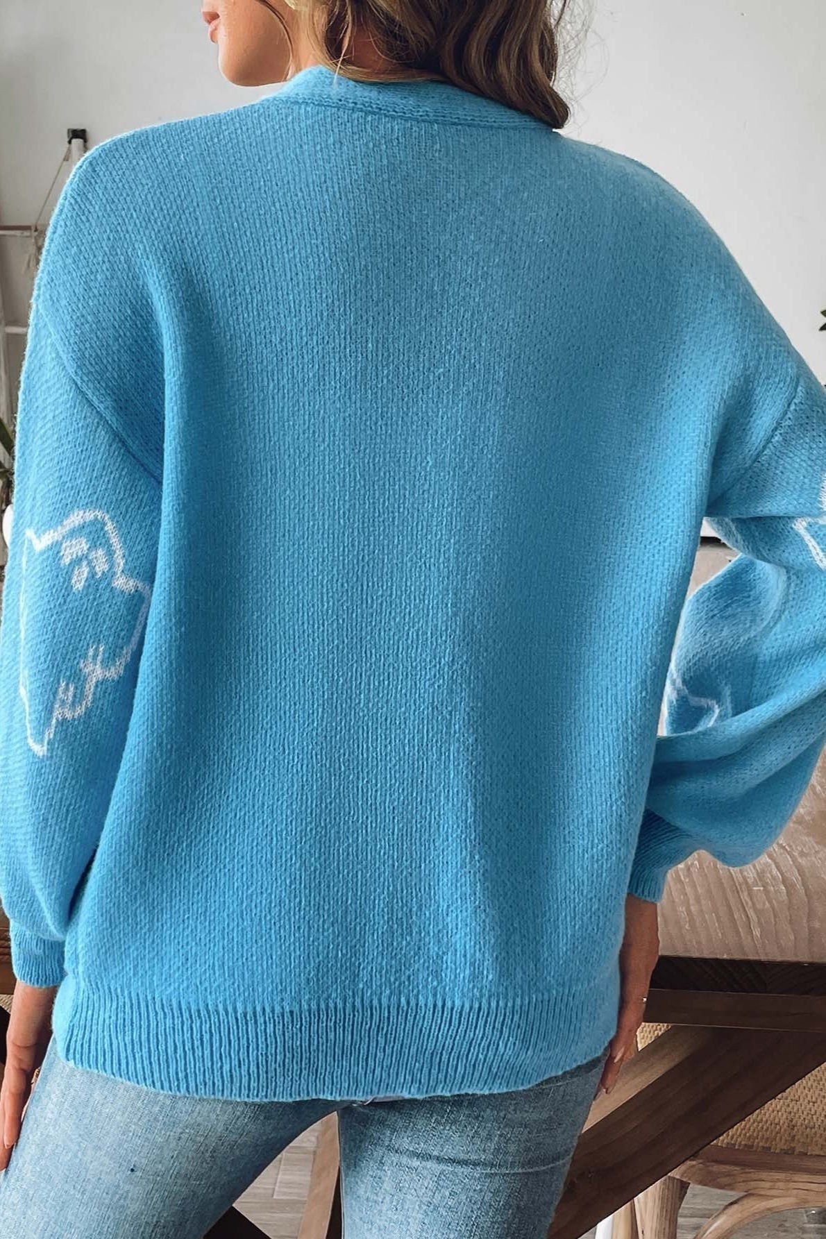 Ghost Pattern V-Neck Drop Shoulder Button Front Knit Cardigan 6