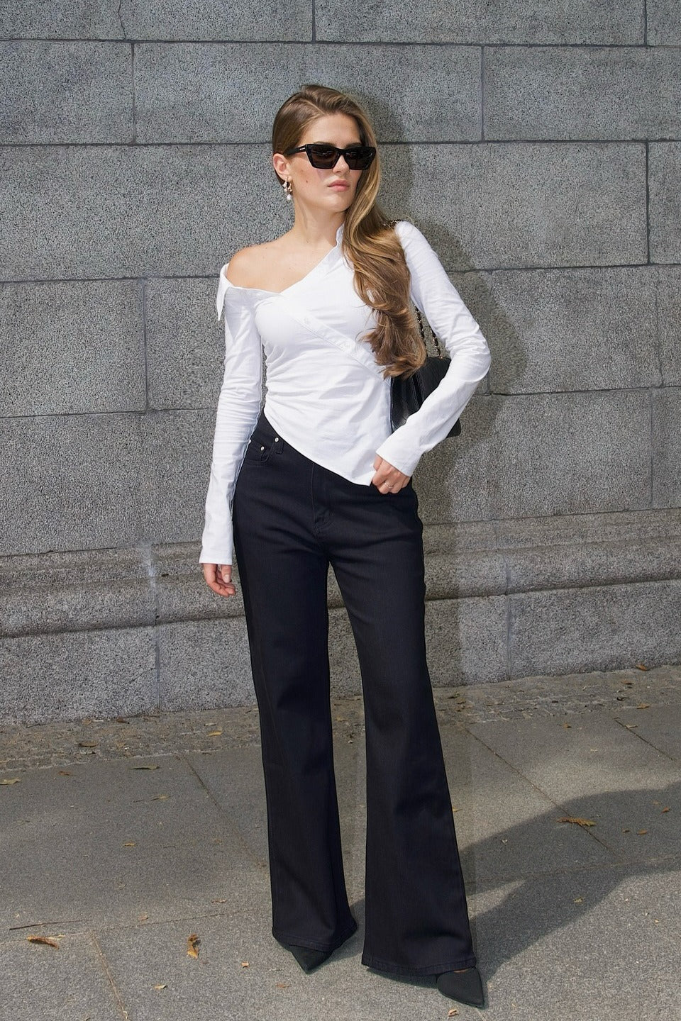 Asymmetric Off Shoulder Collared Long Sleeve Wrap Shirt 3