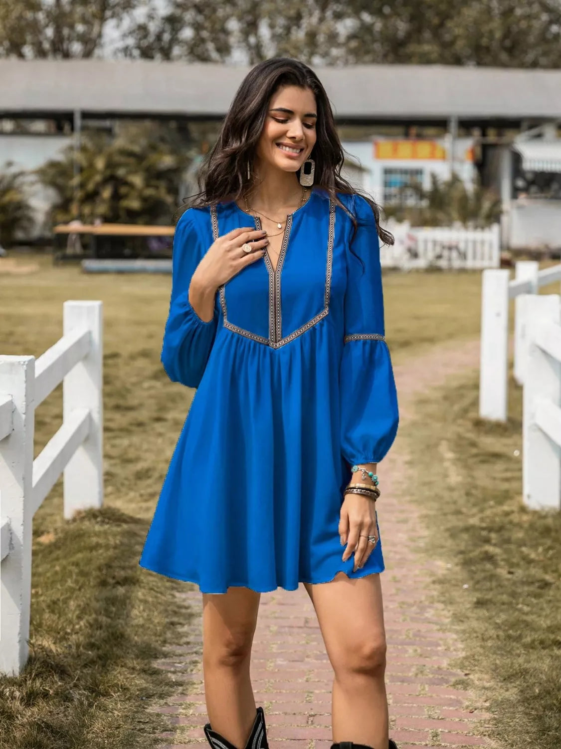 Embroidered Tape Trim Notch Neck Long Sleeve Smock Mini Dress 14