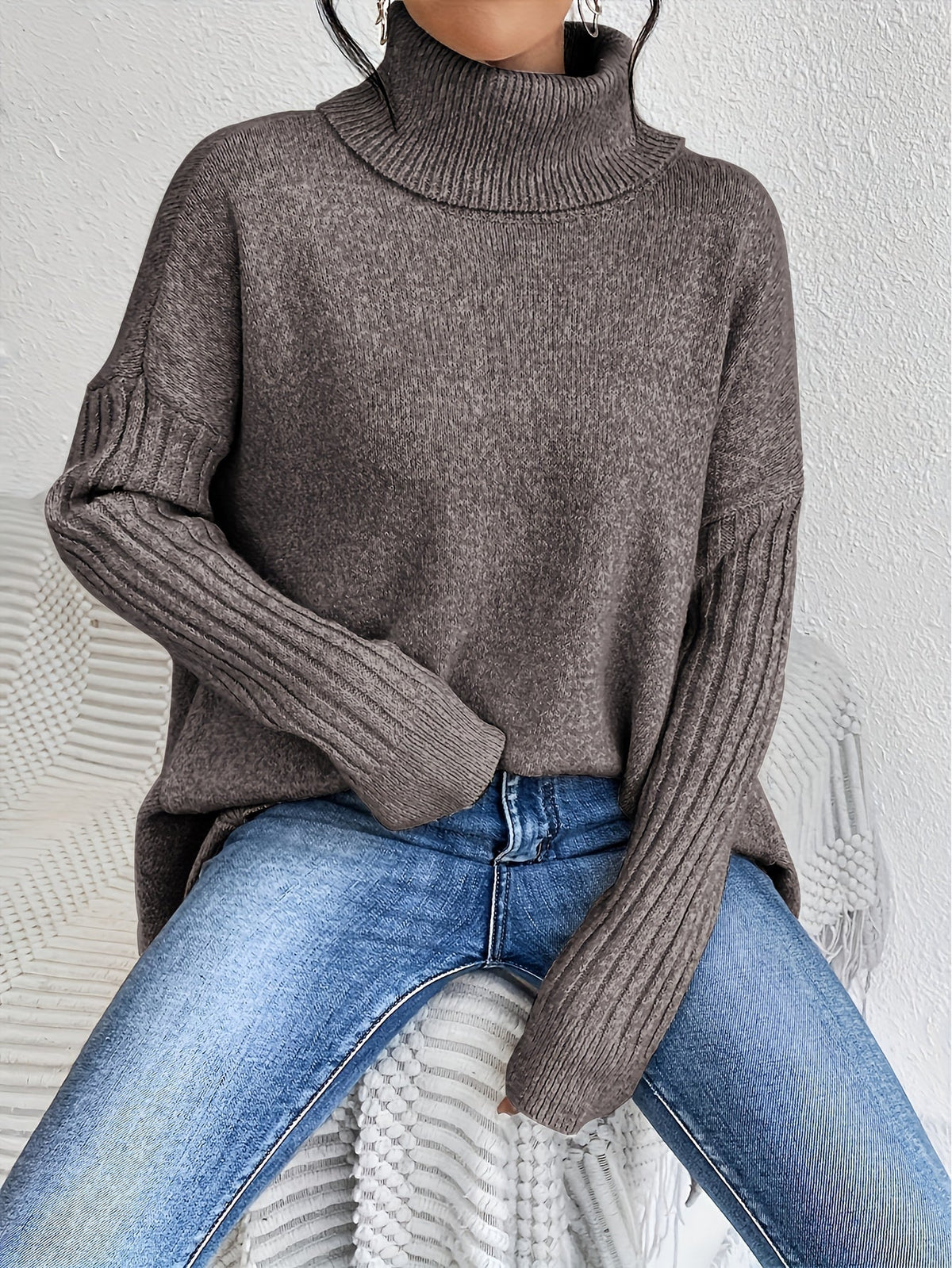 Turtleneck Long Sleeve Oversized High Low Sweater