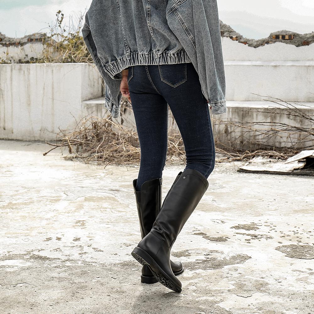 Handmade Soft��Leather Knee High Boots Side Zip Riding Boots Black Short Plush