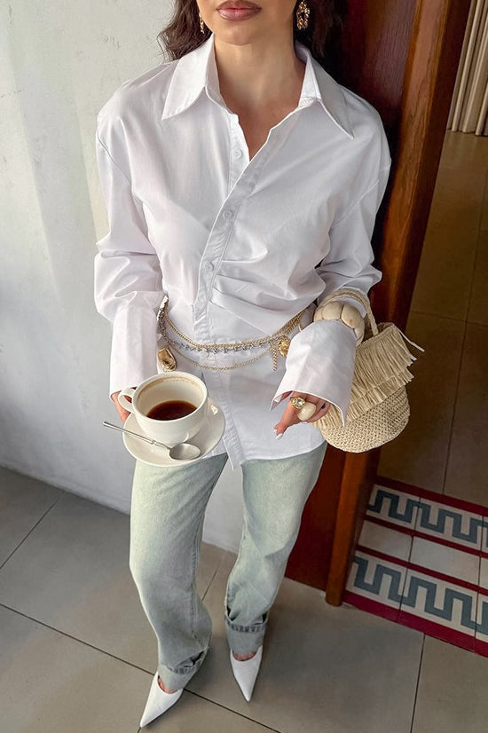 Collared Flare Cuff Long Sleeve Split Hem Button Front Shirt 6