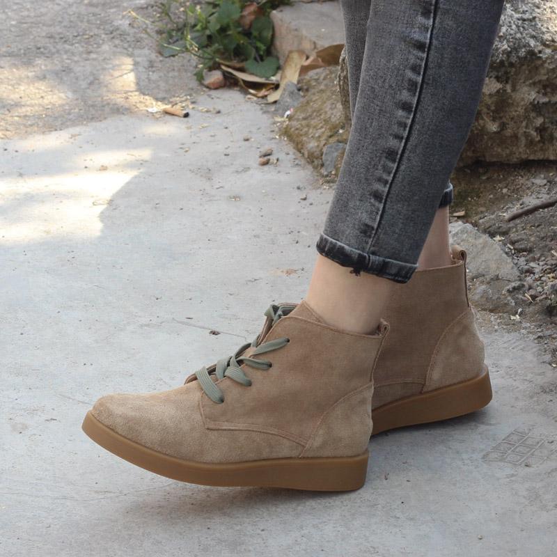 Nubuck Leather Boots Fur Lining Casual Ankle Boots Light Apricot/Dark Blue