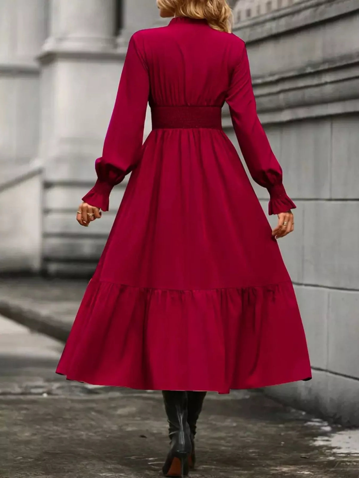 Surplice V-Neck Smocked Waist Balloon Sleeve Tiered Midi Dress 5
