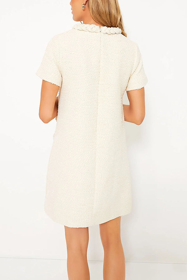 Tweed Braided Trim Faux Pocket Metallic Button Short Sleeve Shift Mini Dress