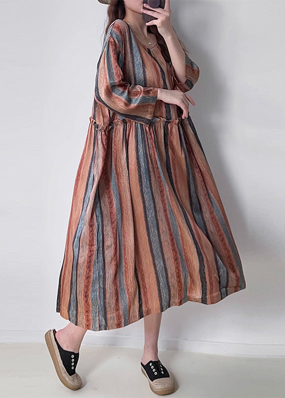 Vertical Stripe Round Neck Long Sleeve Empire Waist Oversized Midi Dress