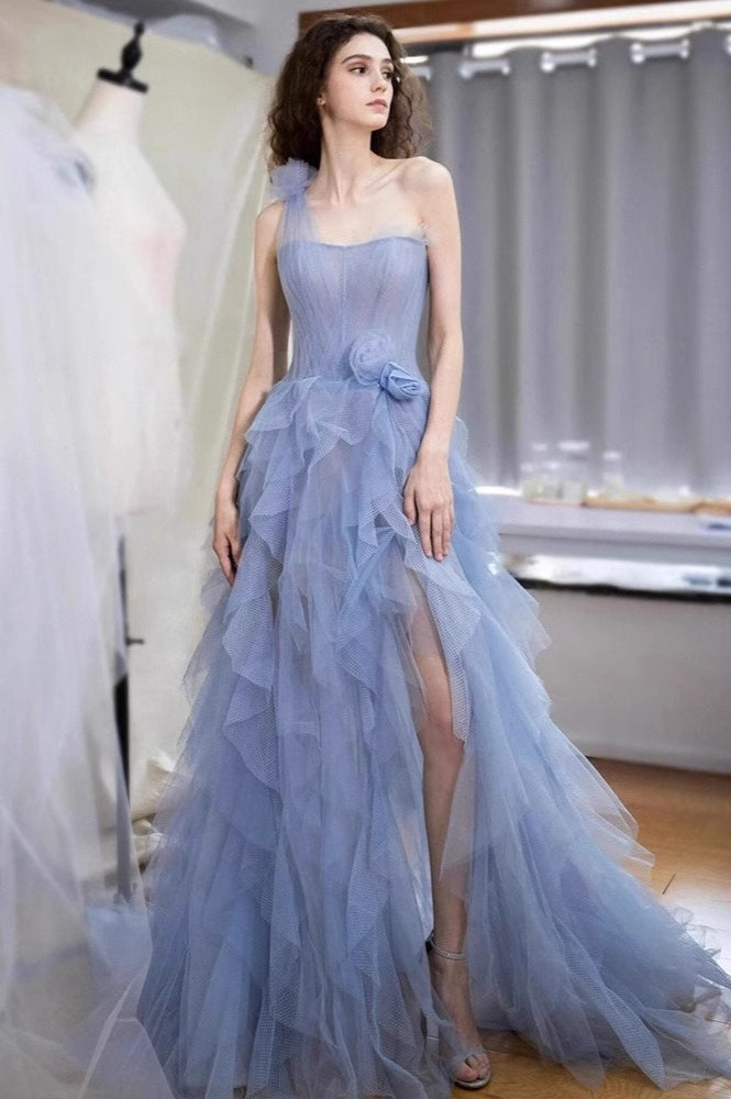 Tulle One Shoulder Bustier Tiered Ruffle Gown
