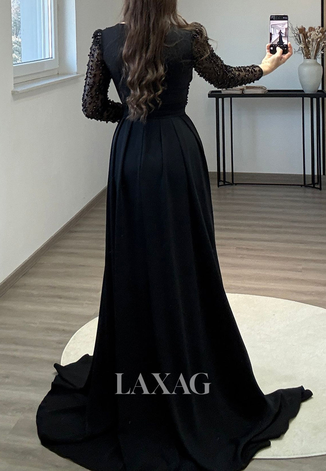 V-Neck Long Sleeves Mermaid Prom Dress Beaded Pleated Chiffon Formal Fowns with Overskirt