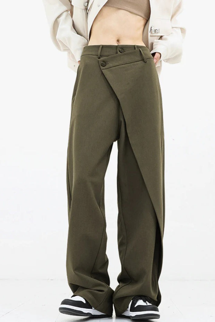 Asymmetric Wrap Front Button Waist Wide Leg Trousers 3