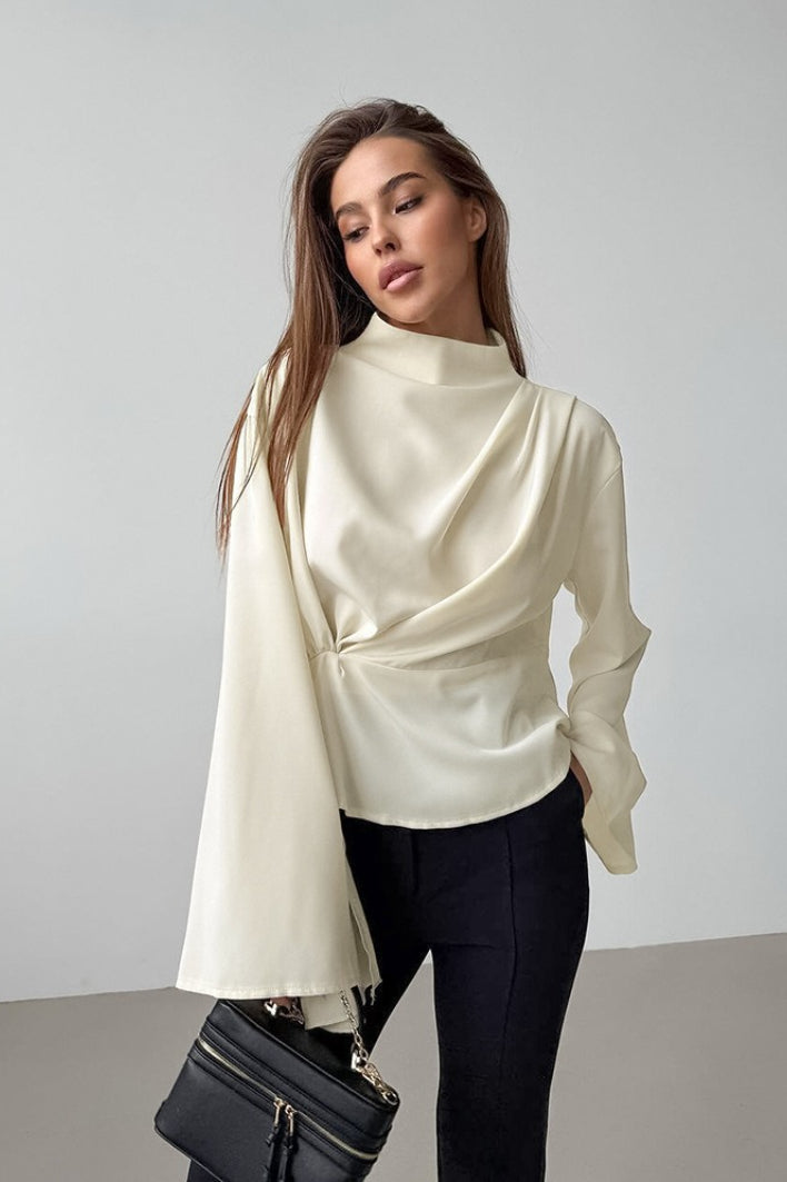 Mock Neck Draped Twist Waist Wide Flare Sleeve Satin Blouse