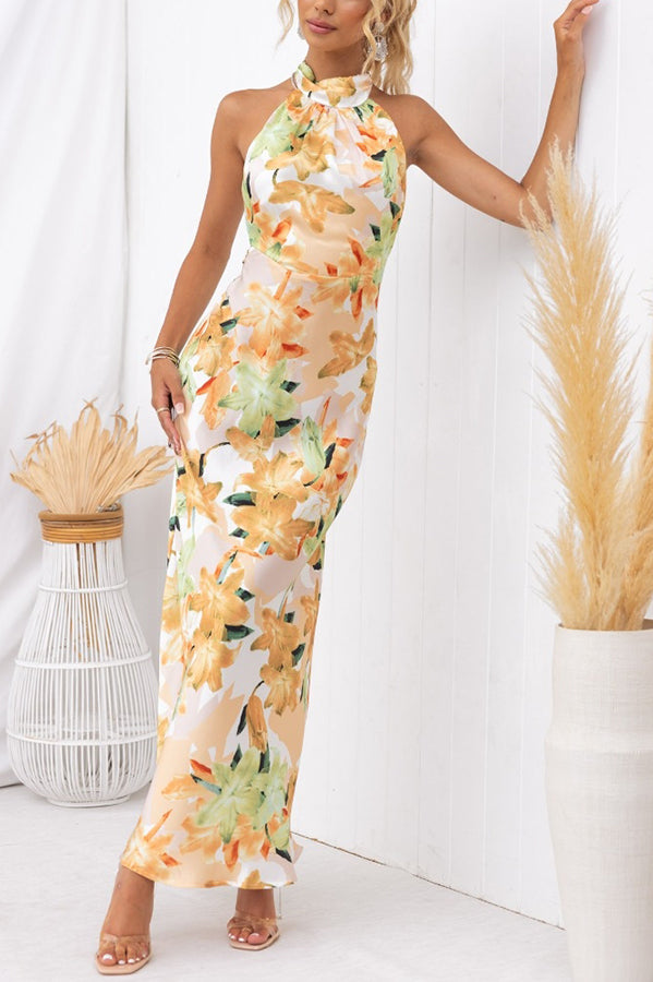 Satin Floral Halter Neck Backless Maxi Dress