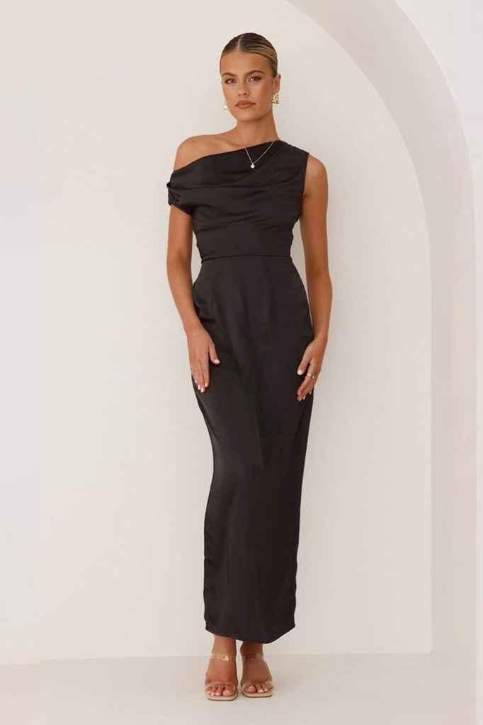 Satin One Shoulder Draped Column Maxi Dress
