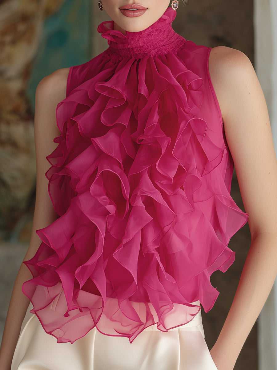 Ruffle High Neck Sleeveless Chiffon Blouse