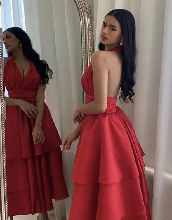 Sexy Halter V Neck Satin Layered Evening Dress A Line Party Dress cc1712