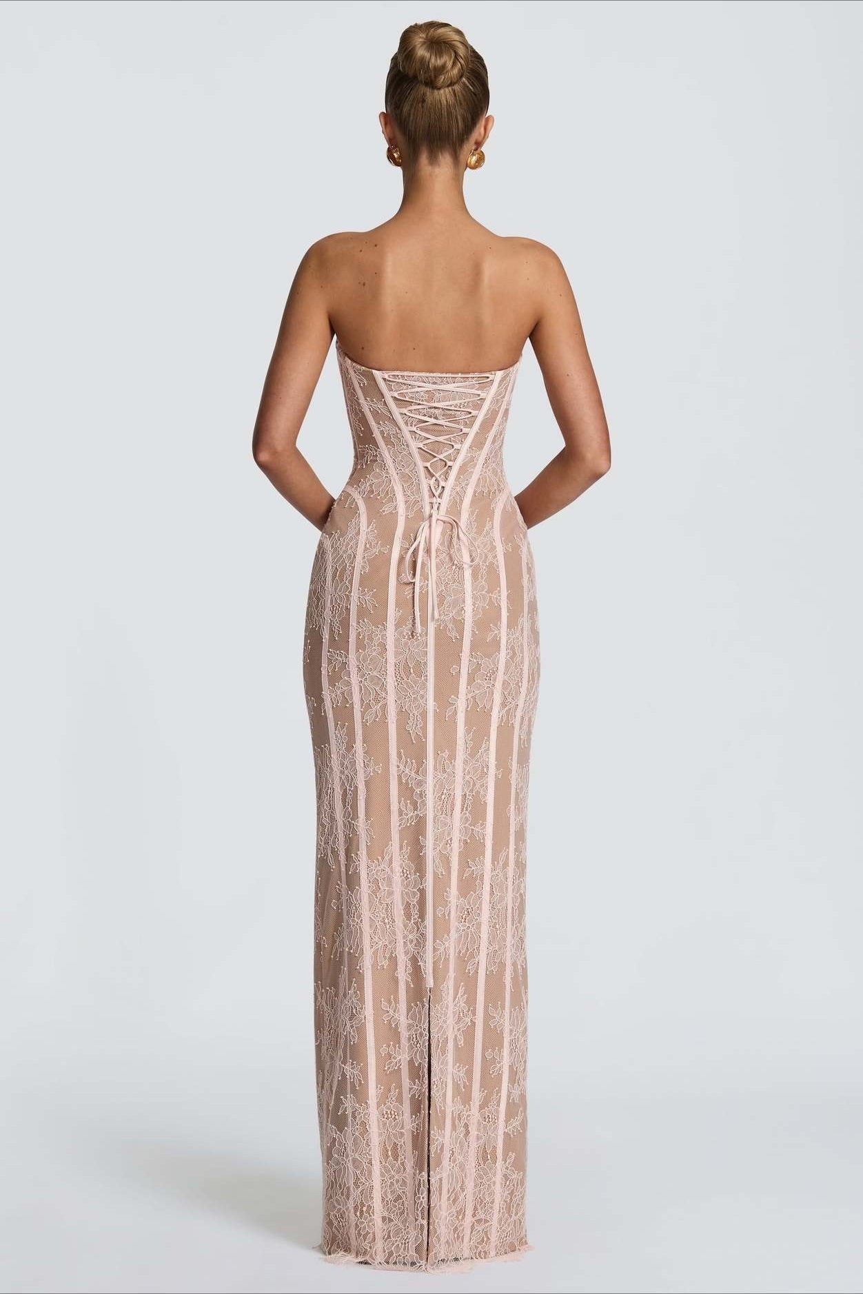 Strapless Lace Vertical Bodycon Maxi Lace Dress