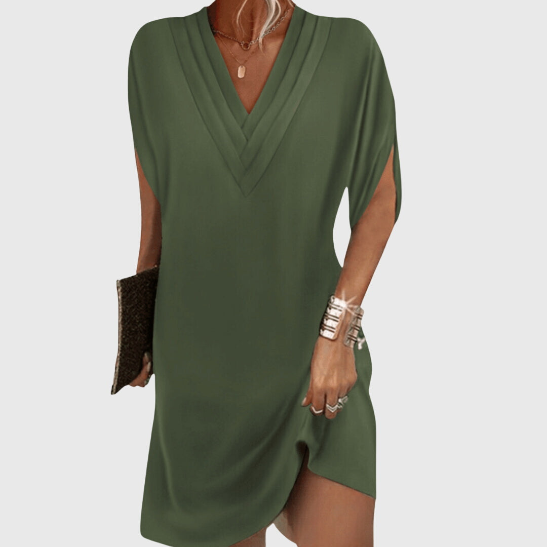 Draped V-Neck Short Sleeve Shift Mini Dress