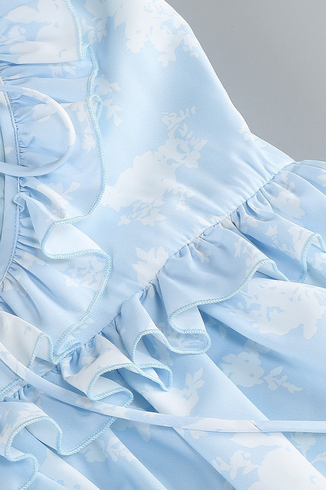 Floral Square Neck Ruffle Strap Tiered Maxi Prom Dress
