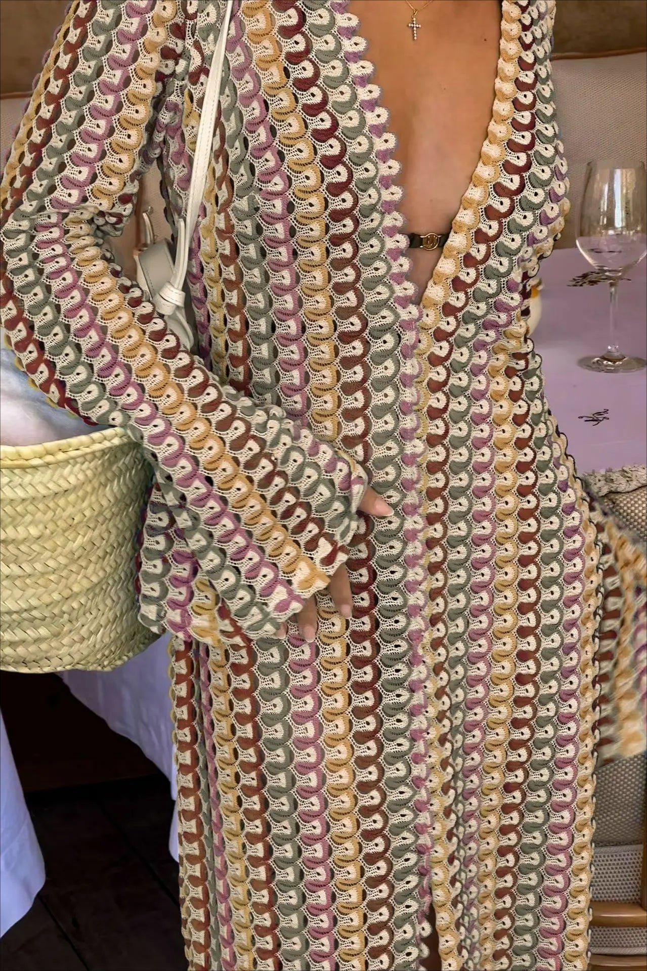 Knit Deep V-Neck Bell Sleeve High Split Maxi Dress