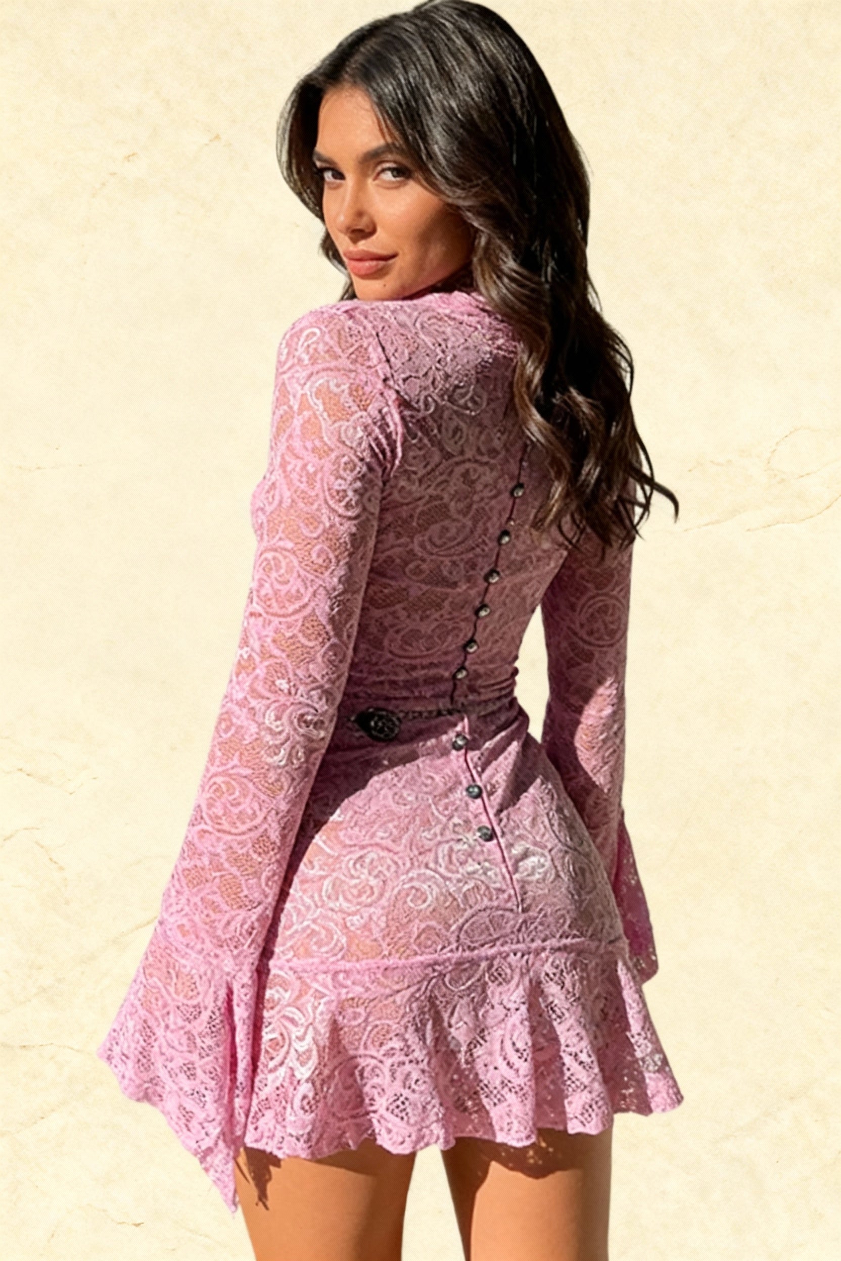 Lace Deep V-Neck Bell Sleeve Asymmetric Ruffle Hem Bodycon Mini Dress
