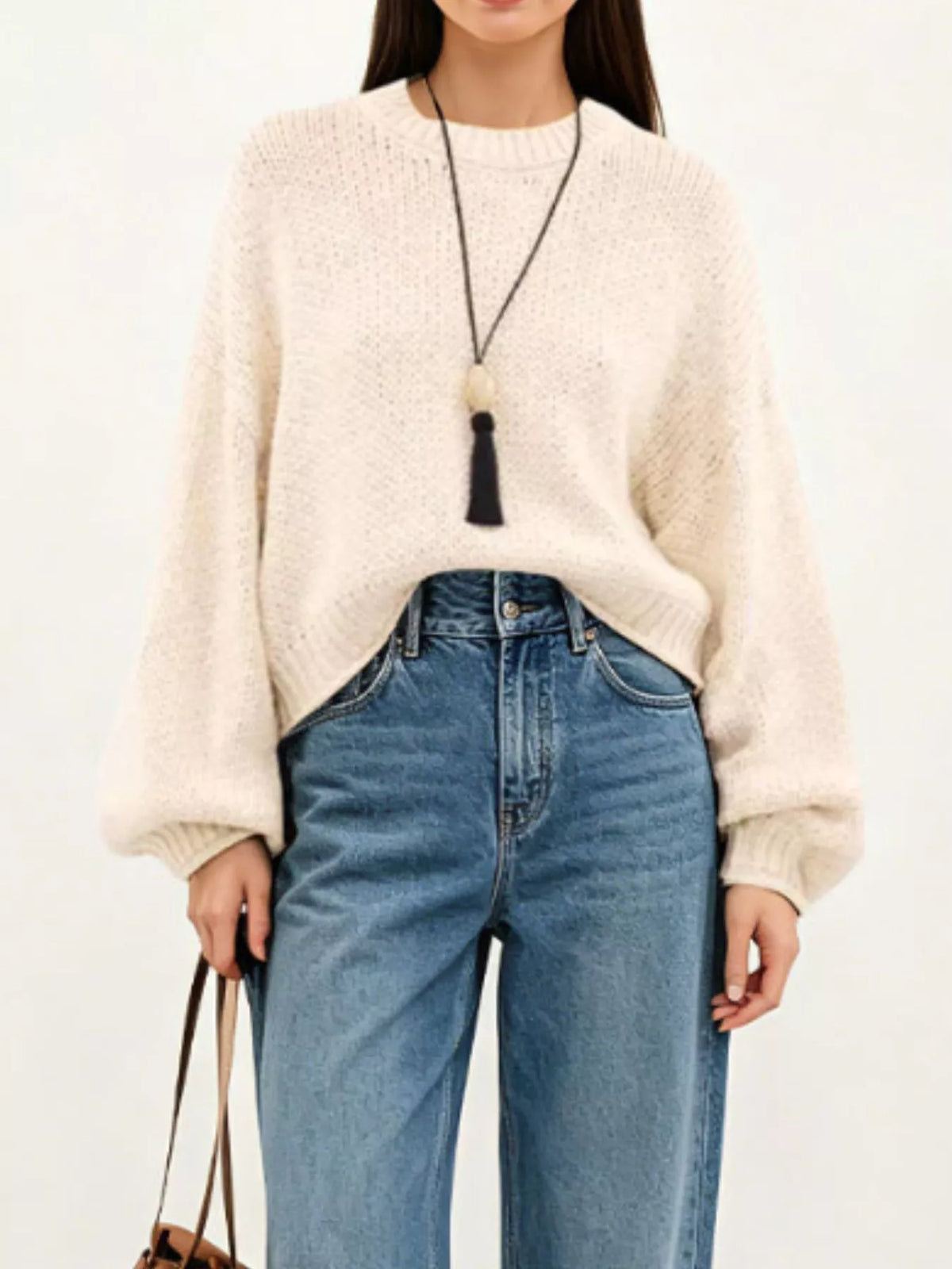 Oversized Crew Neck Balloon Sleeve Chunky Knit Sweater