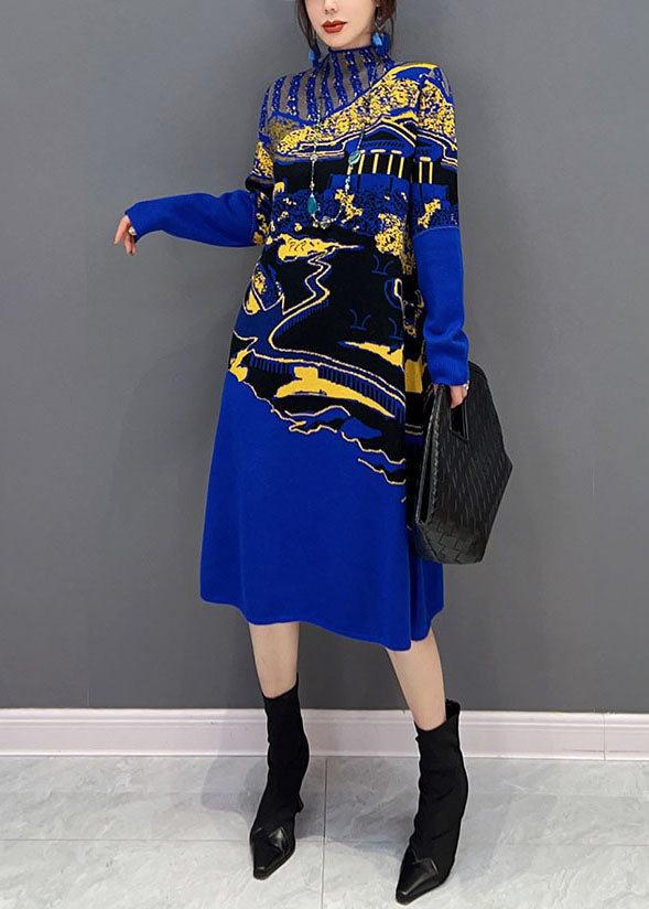 Landscape Graphic Print Mesh Insert Mock Neck Long Sleeve Knit Midi Dress