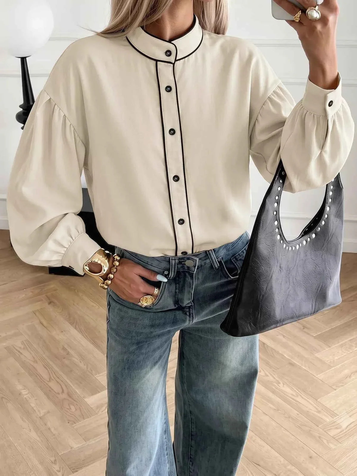 Contrast Piping Band Collar Button Front Puff Sleeve Blouse