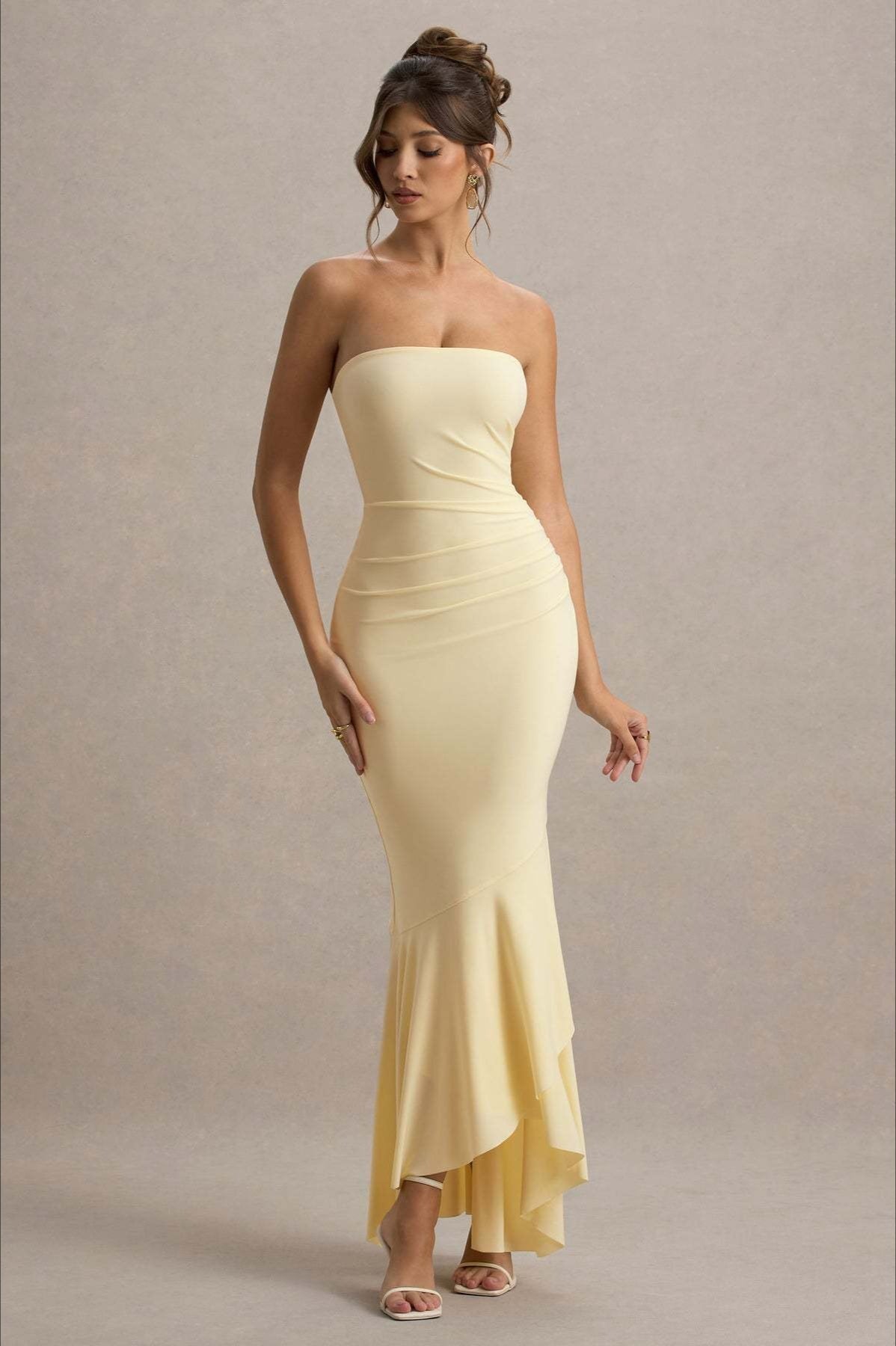 Strapless Ruched Asymmetric Ruffle Hem Bodycon Maxi Gown