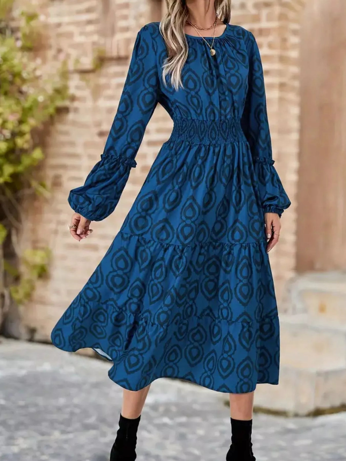 Geometric Print Smocked Waist Balloon Sleeve Tiered Midi Dress