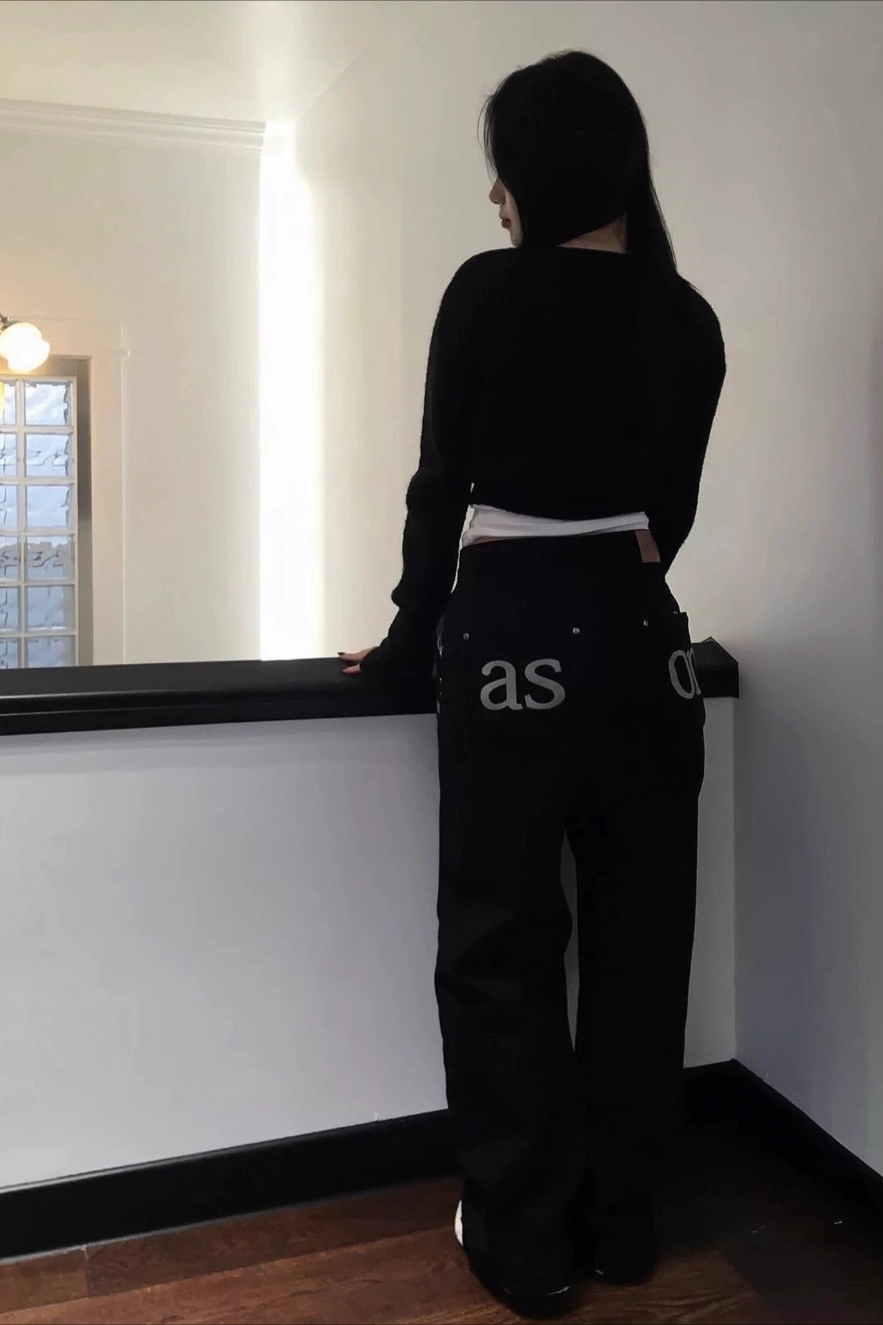 High Waist Embroidered Letter Pocket Loose Straight Jeans