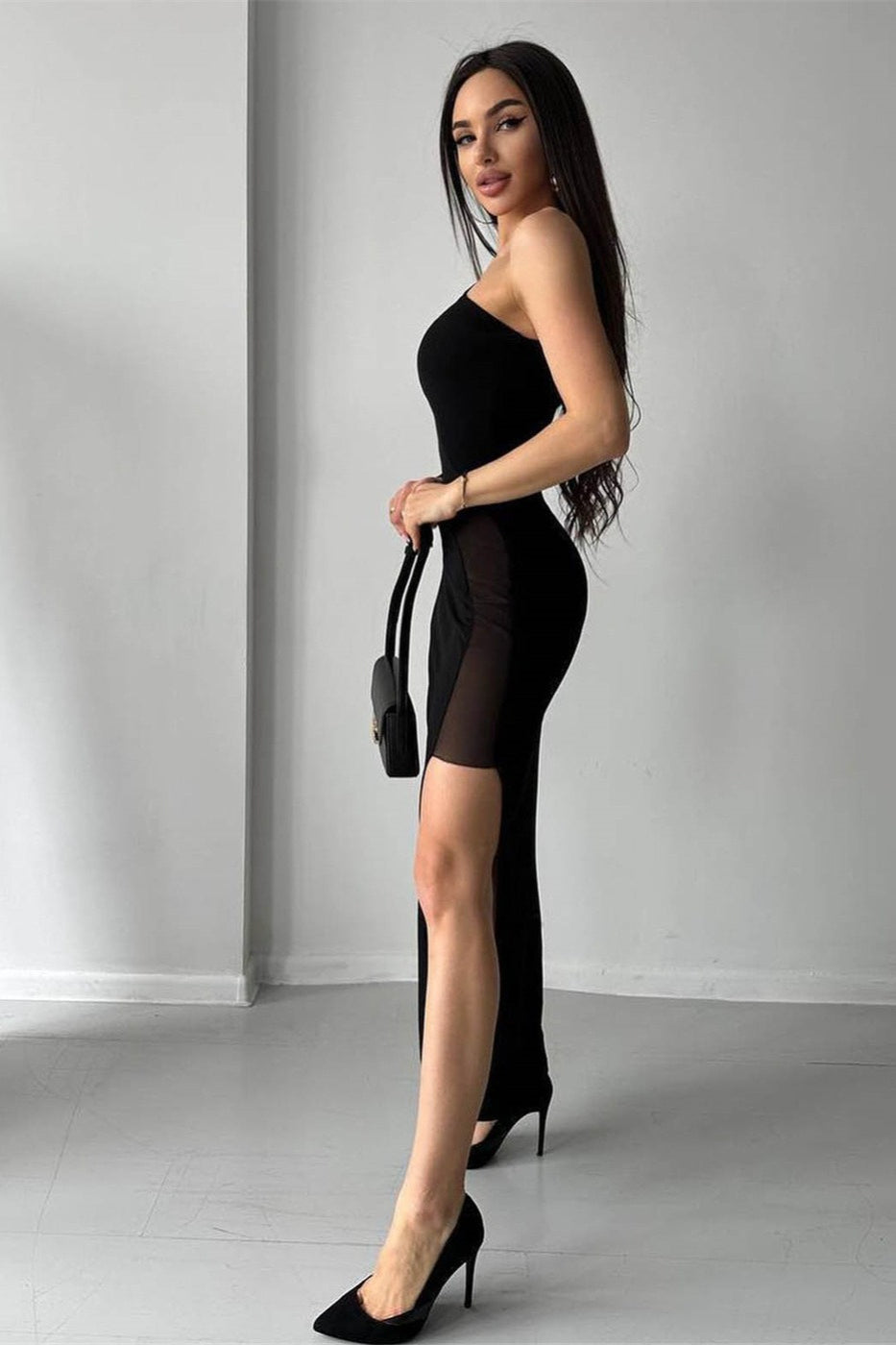 Asymmetrical One Shoulder Mesh Midi Dress 4