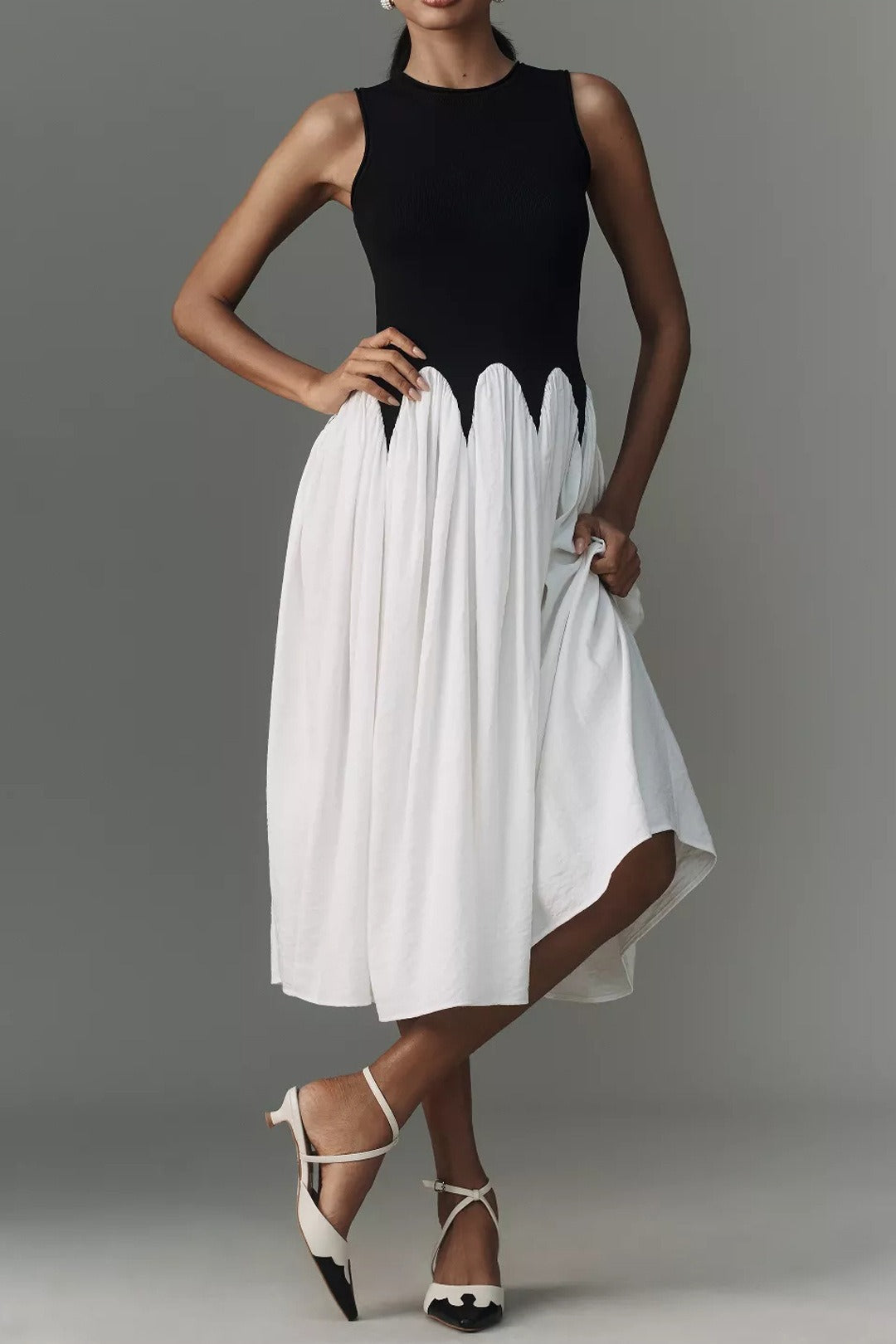 Round Neck Sleeveless Ribbed Knit Contrast Fit and Flare Midi Dress