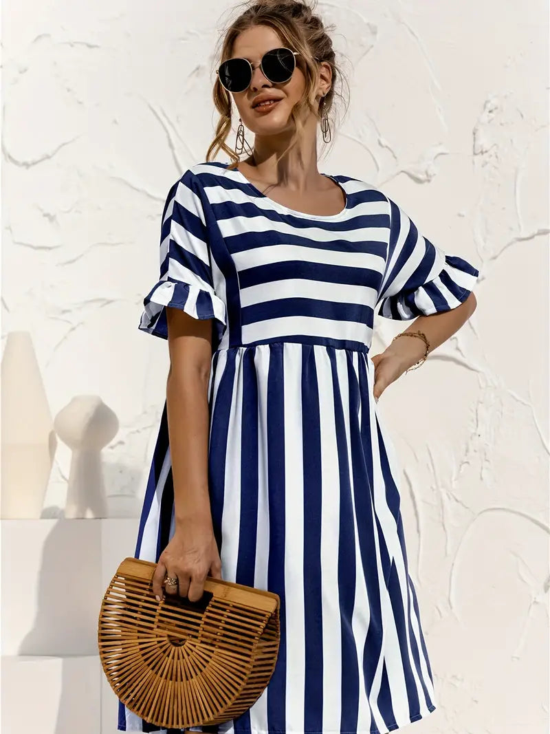 Striped Round Neck Ruffle Short Sleeve Empire Waist Smock Dress 2