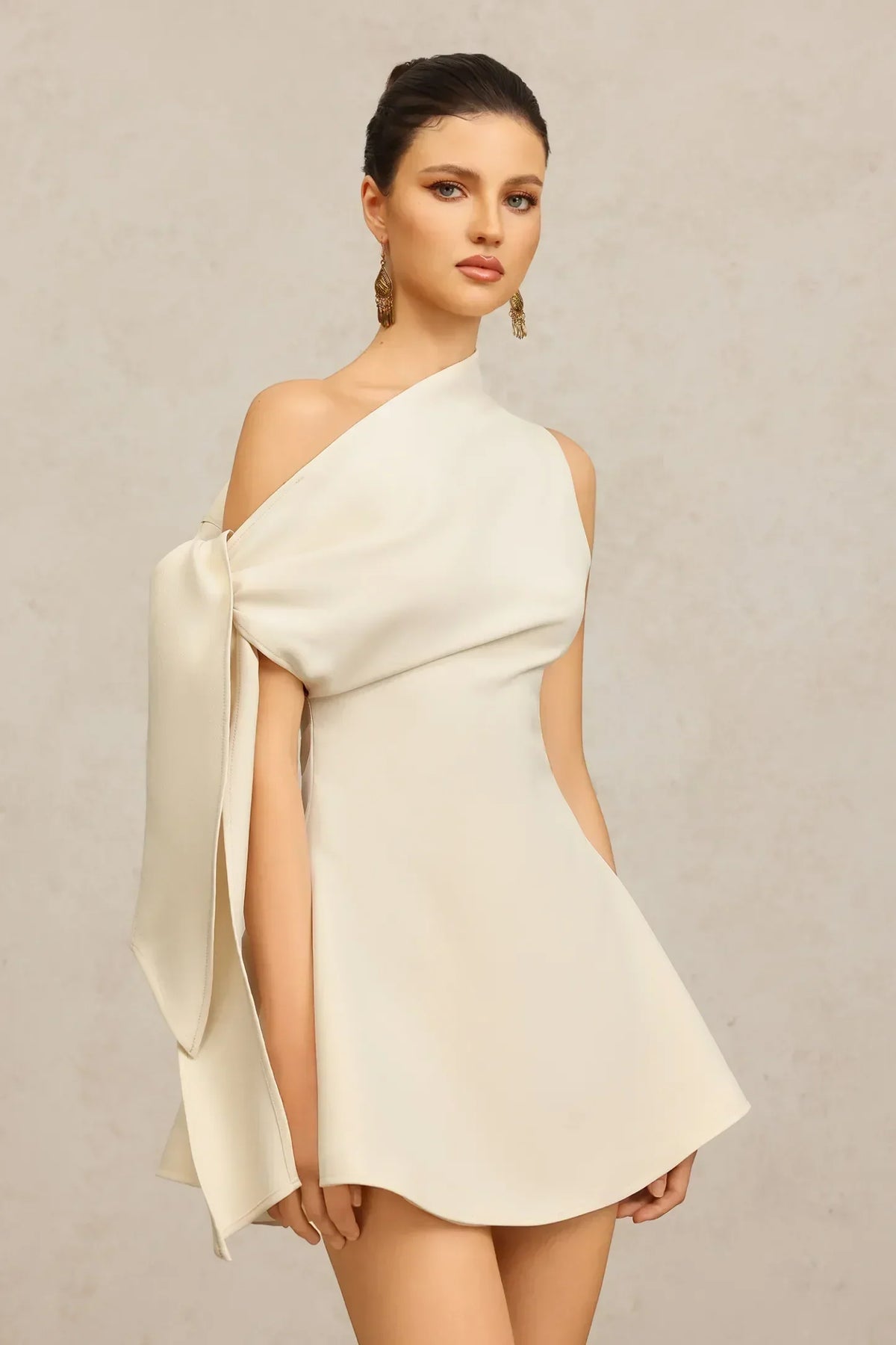 Asymmetric One Shoulder Draped Cape Sleeve A-Line Mini Dress 4