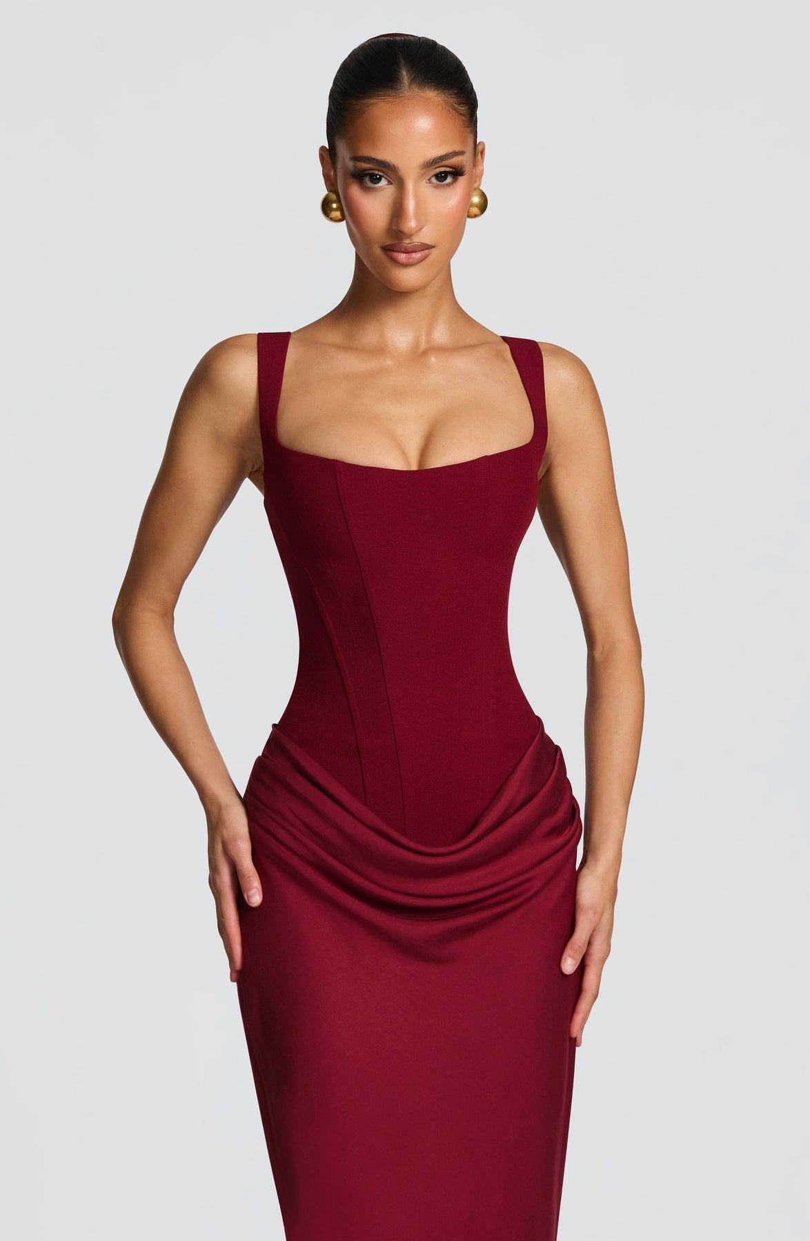 Corset Bodice Square Neck Draped Hip Sleeveless Maxi Dress 32