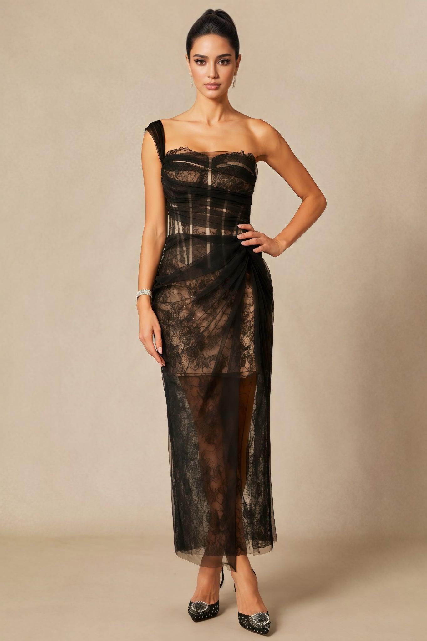 Ezgi One Shoulder Corset Lace Maxi Dress - View 2