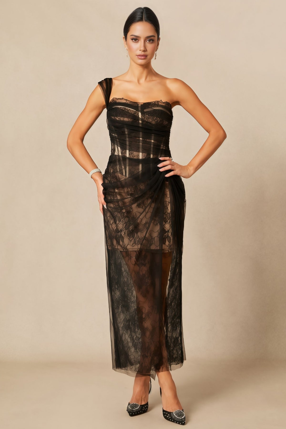 One Shoulder Corset Lace Sheer Mesh Overlay Draped Split Maxi Dress