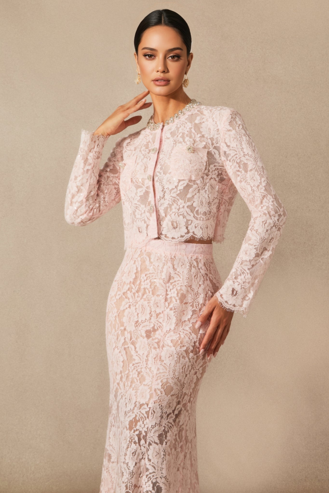 Lace Long Sleeve Jacket Fit and Flare Midi Two Piece Set
