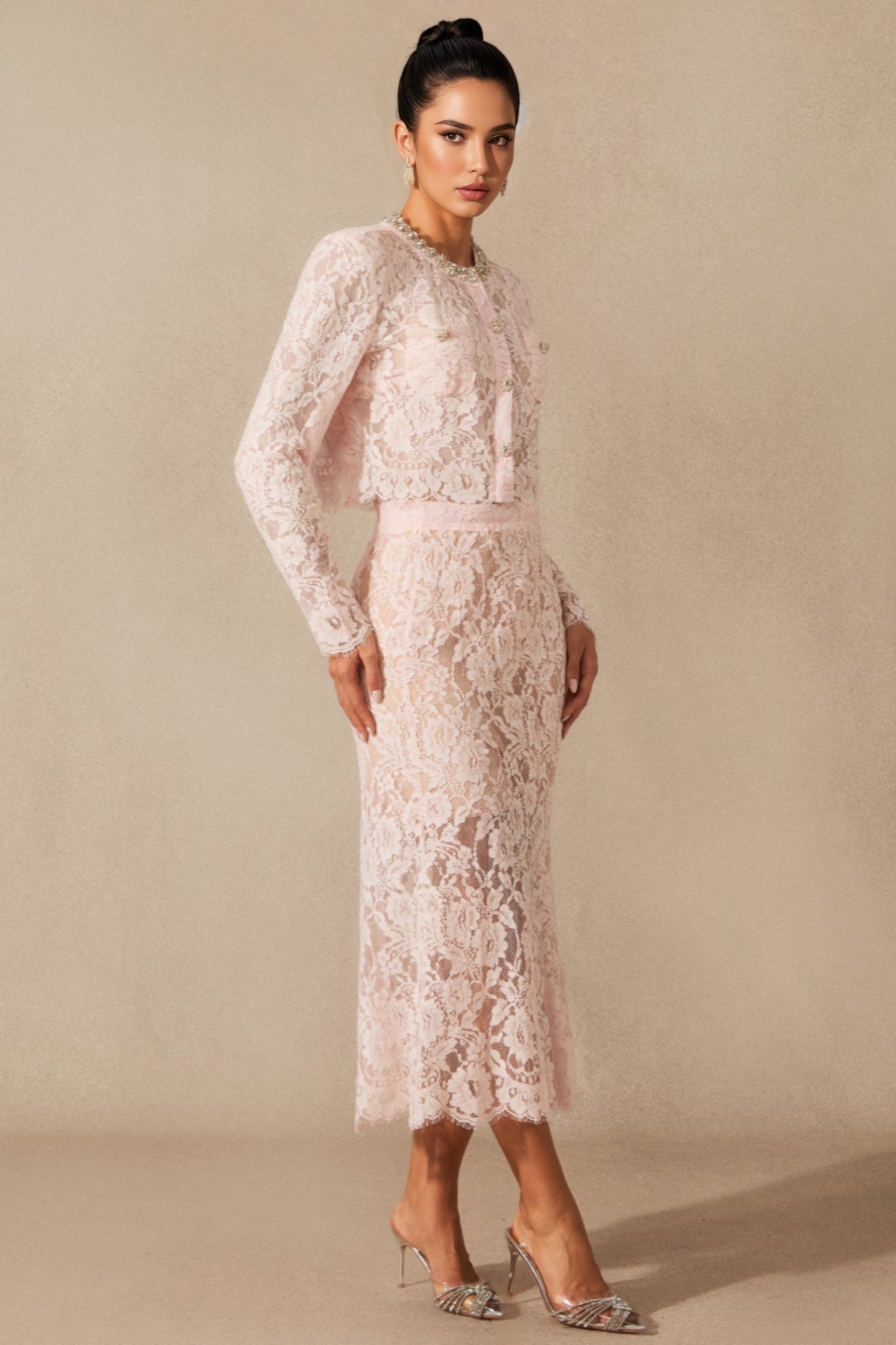 Lace Long Sleeve Jacket Fit and Flare Midi Two Piece Set