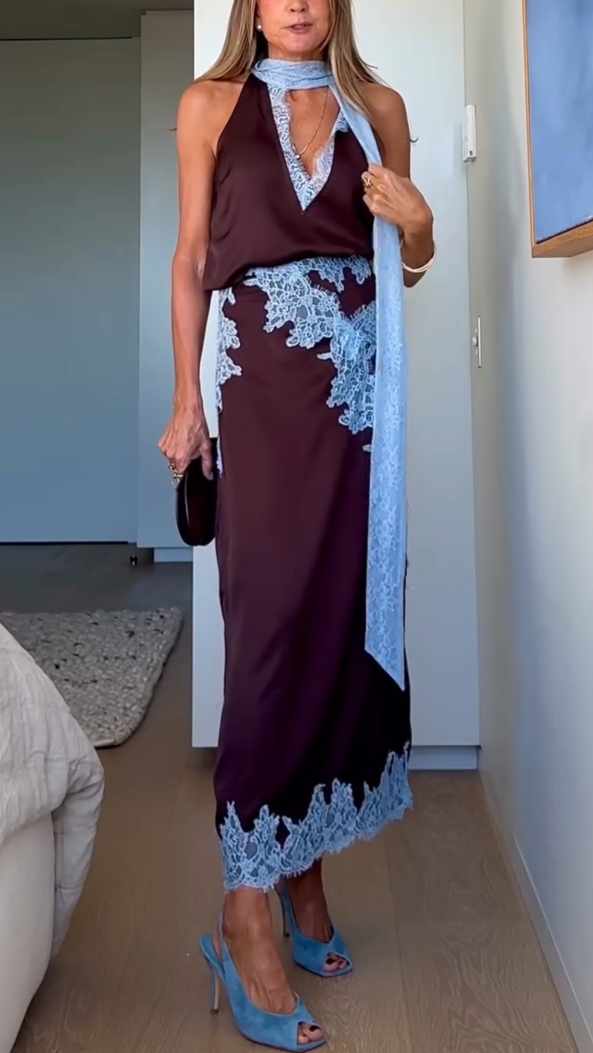 Halter Neck Lace Trim Tie Detail Satin Maxi Dress