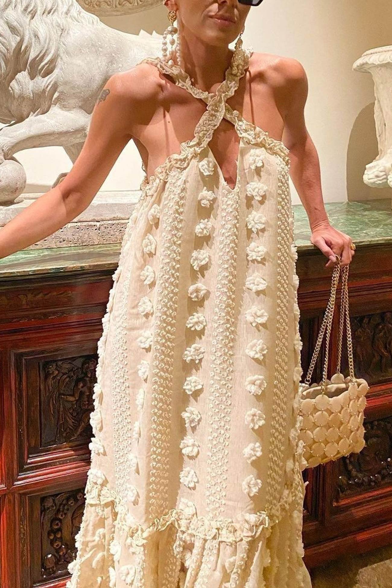 Appliqué Halter Neck Keyhole Tiered Maxi Dress 3