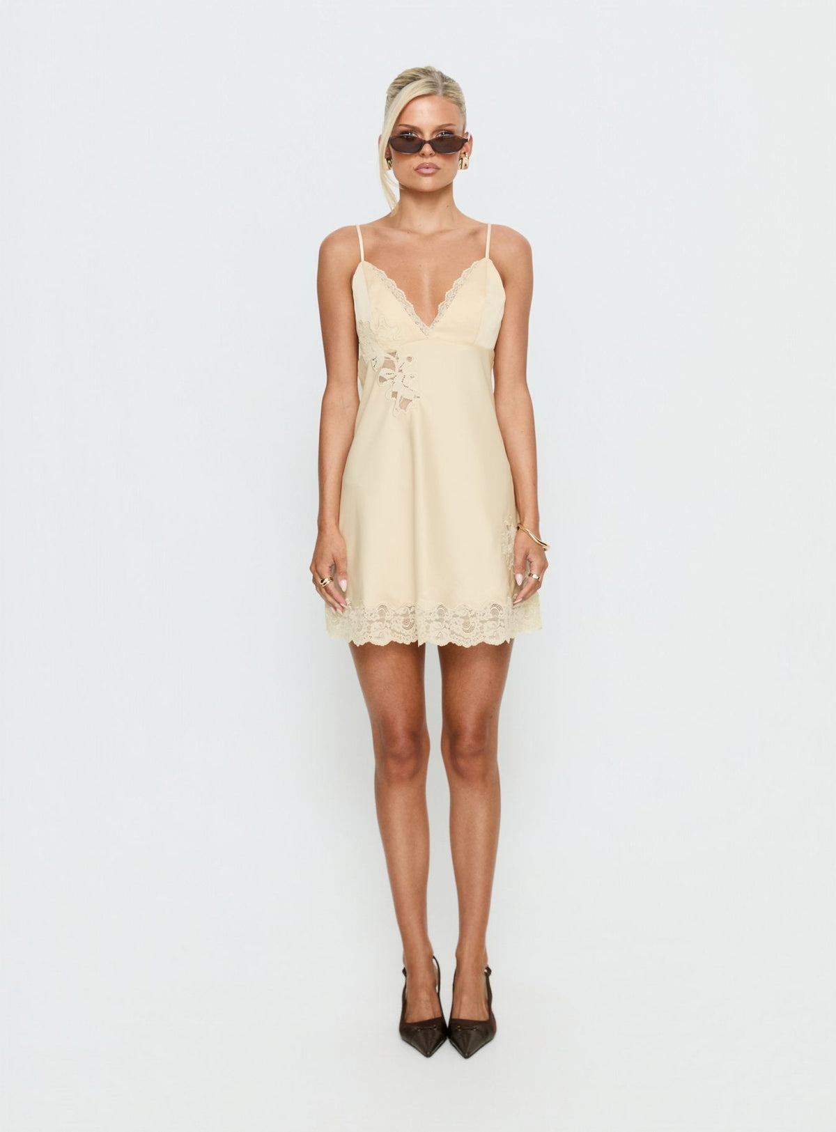 Satin Lace Trim V-Neck Cami Strap Embroidered Slip Mini Dress 9