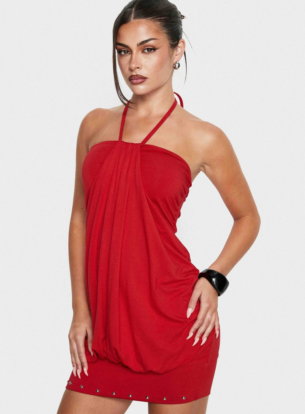Gathered Halter Neck Draped Studded Hem Mini Dress 9