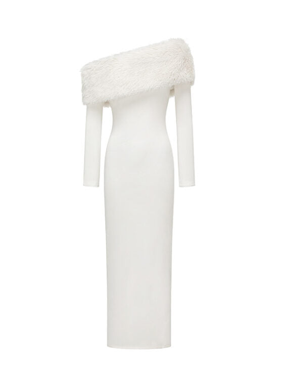Faux Fur Off Shoulder Long Sleeve Bodycon Maxi Dress 5