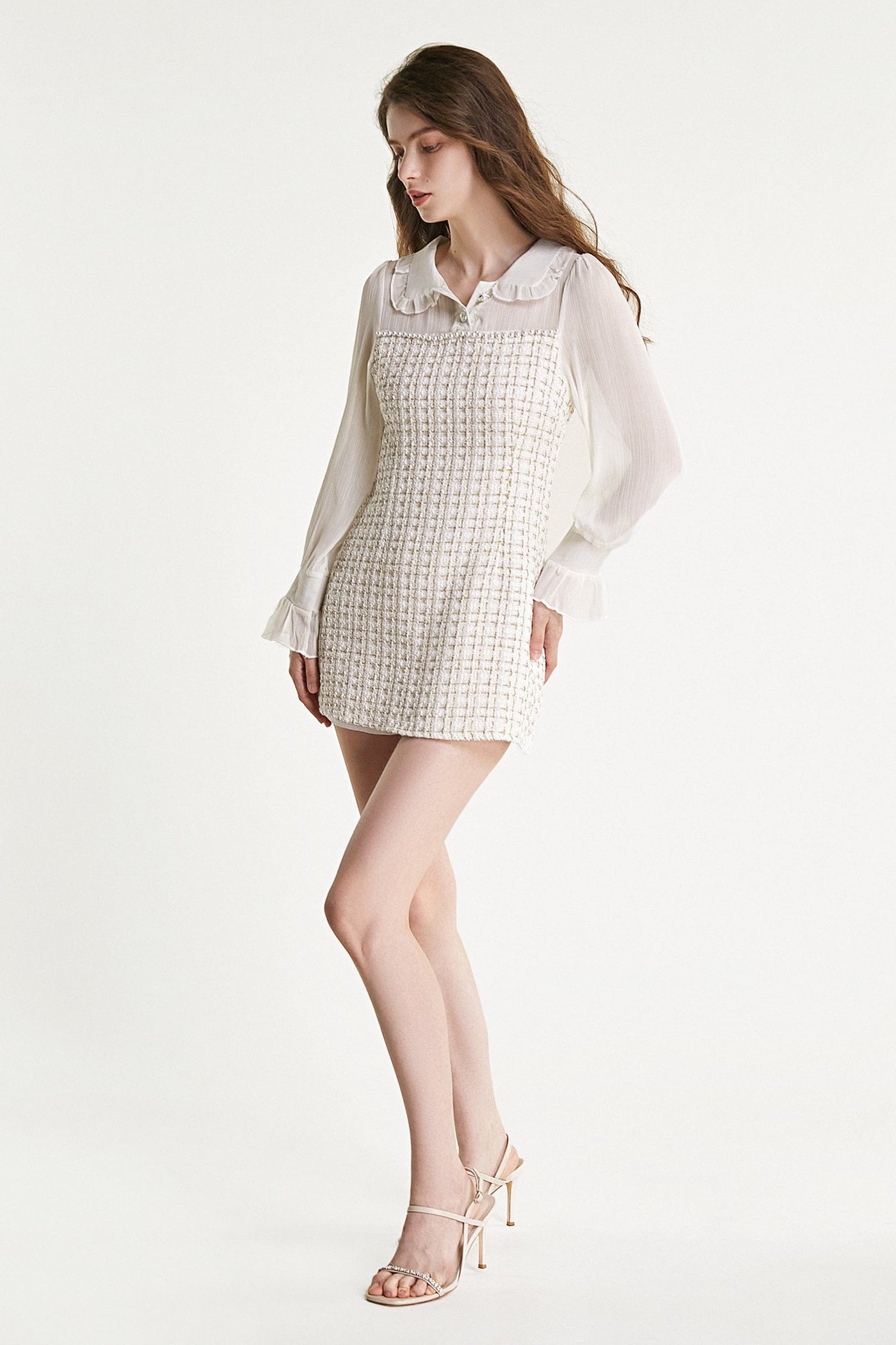 White Mesh Yoke Tweed Mini Dress - View 2