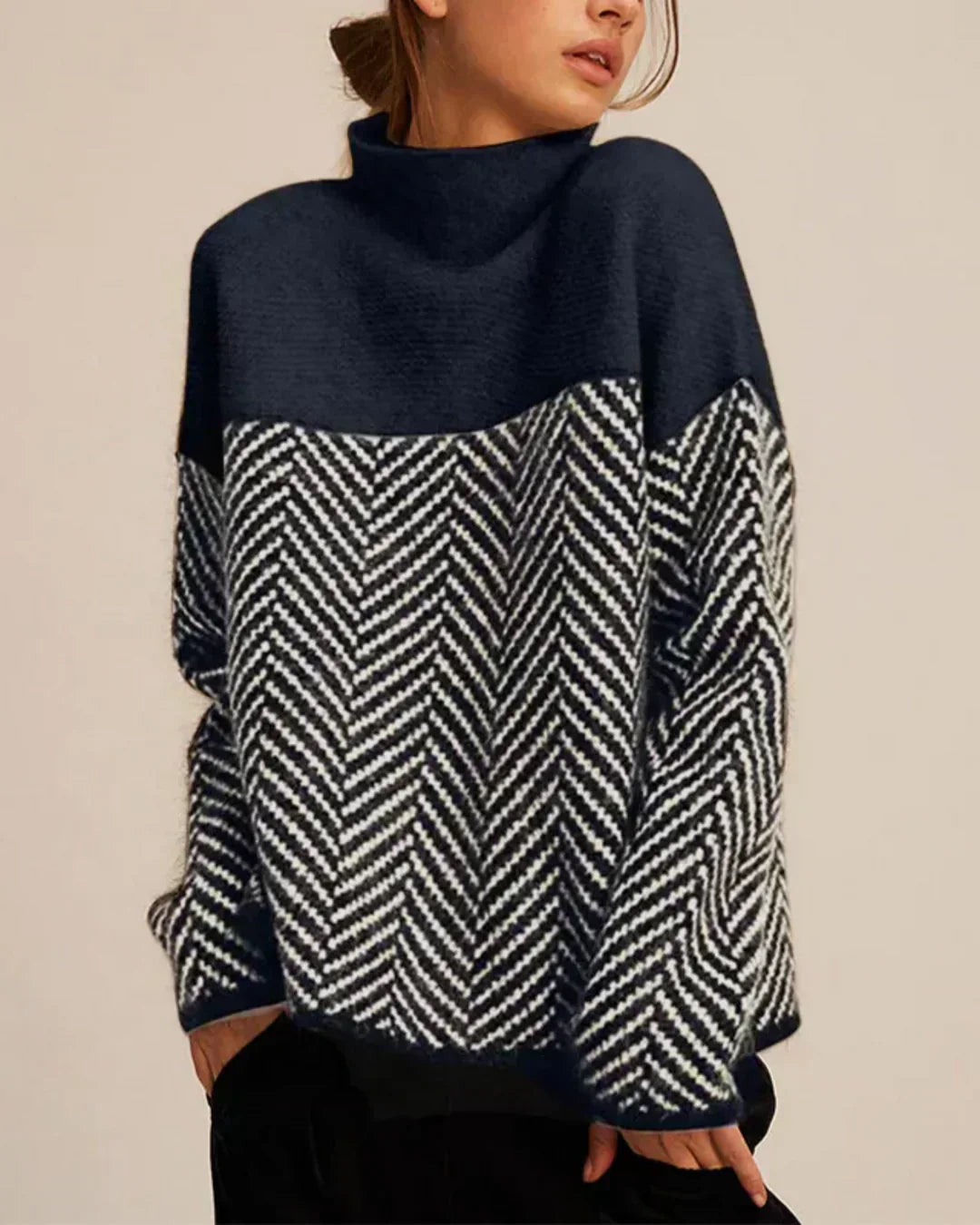 Turtleneck Herringbone Colorblock Oversized Sweater