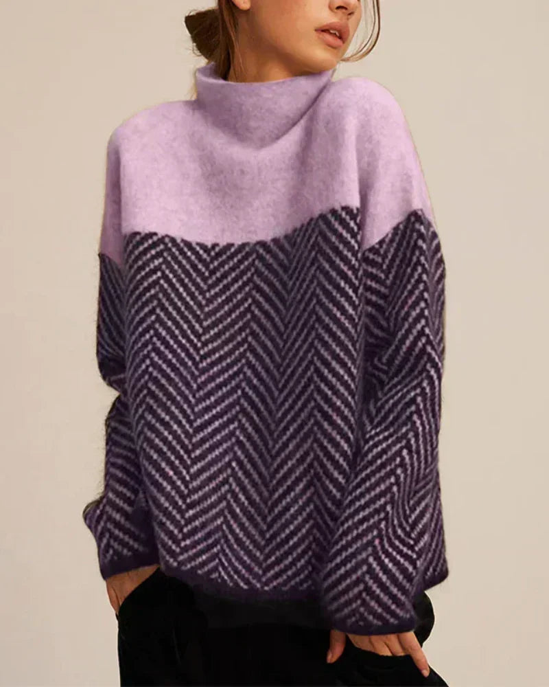 Turtleneck Herringbone Colorblock Oversized Sweater