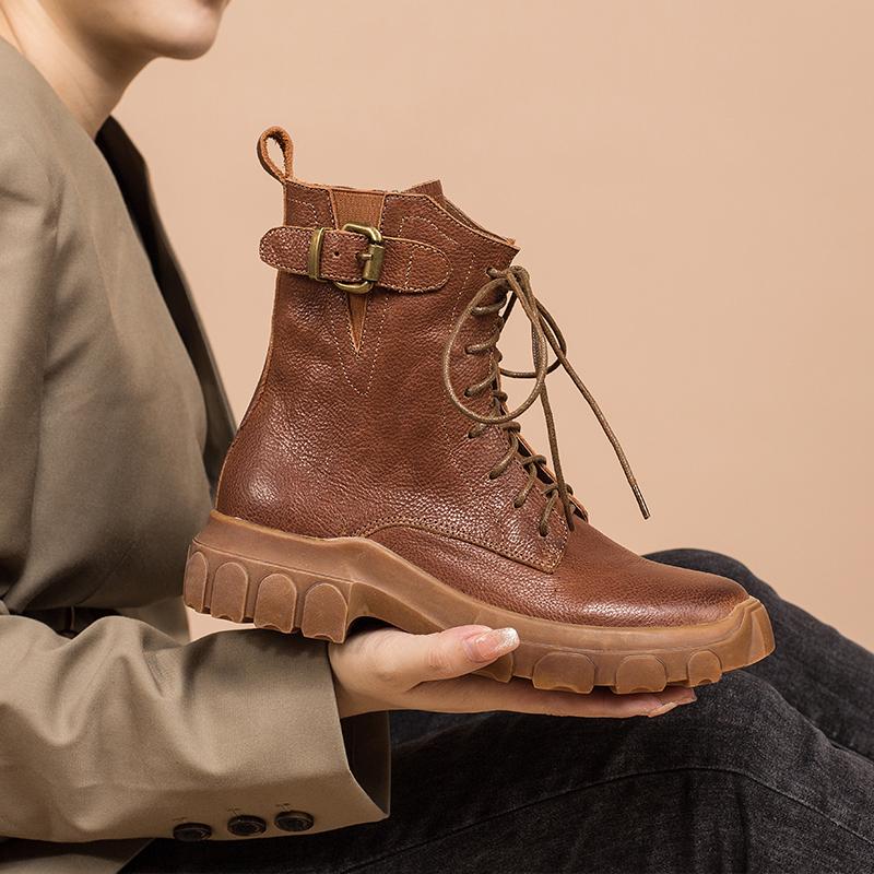 Full grain leather Combat Boots Designer Retro Chunky Riding Boots Side Zip Brown/Black