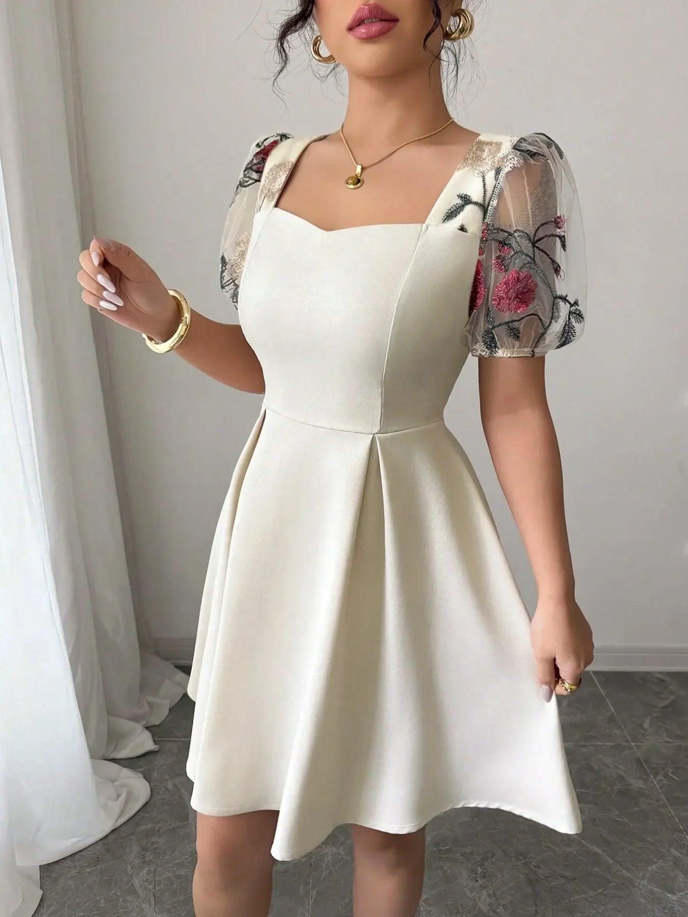 Ivory Square Neck Floral Sheer Sleeve Dress – Elegant Romantic Mini Dress for Women Ivory