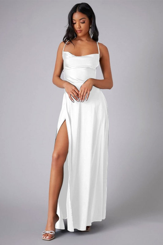 Satin Cowl Neck Spaghetti Strap High Split Maxi Formal Dress
